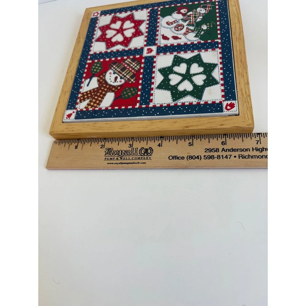 Hallmark Christmas Snowman Patchwork Quilt Framed Ceramic Trivet Thailand 7in